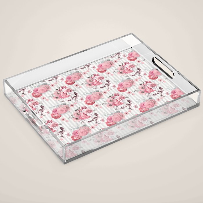 Vintage Striped Pink Floral Pattern Acrylic Tray Gallery Image 1