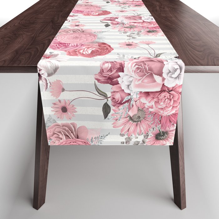 Vintage Striped Pink Floral Pattern Table Runner Gallery Image 1