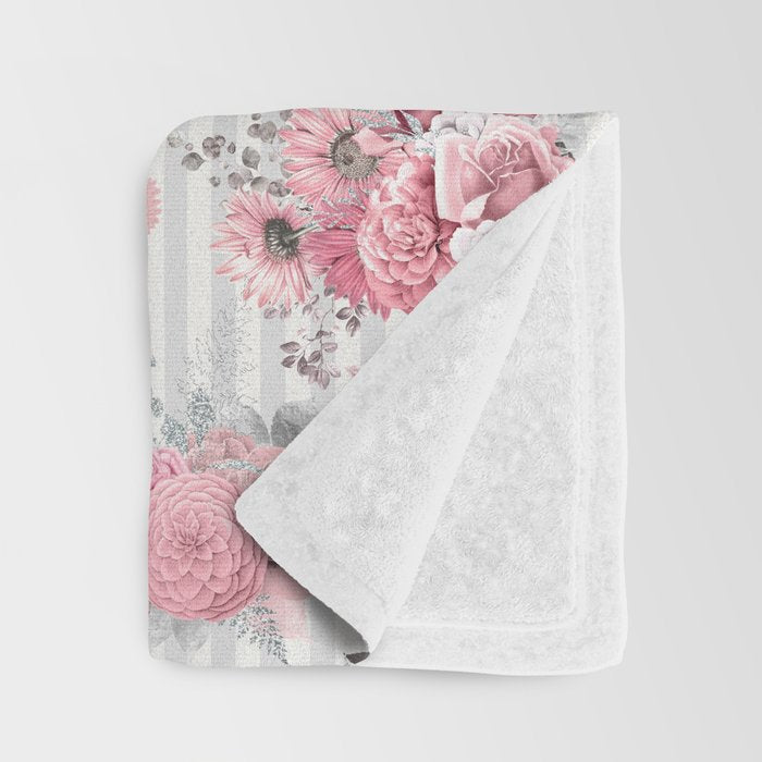 Vintage Striped Pink Floral Pattern Throw Blanket Gallery Image 3