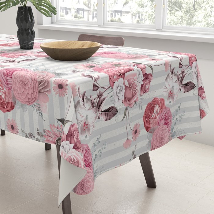 Vintage Striped Pink Floral Pattern Tablecloth Gallery Image 3