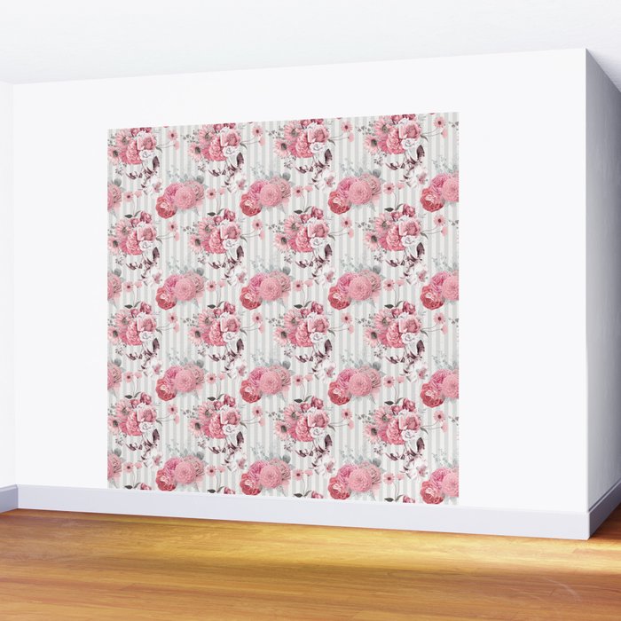 Vintage Striped Pink Floral Pattern Wall Mural Gallery Image 2