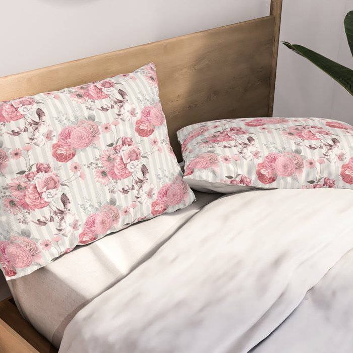 Vintage Striped Pink Floral Pattern Pillow Sham Gallery Image 2