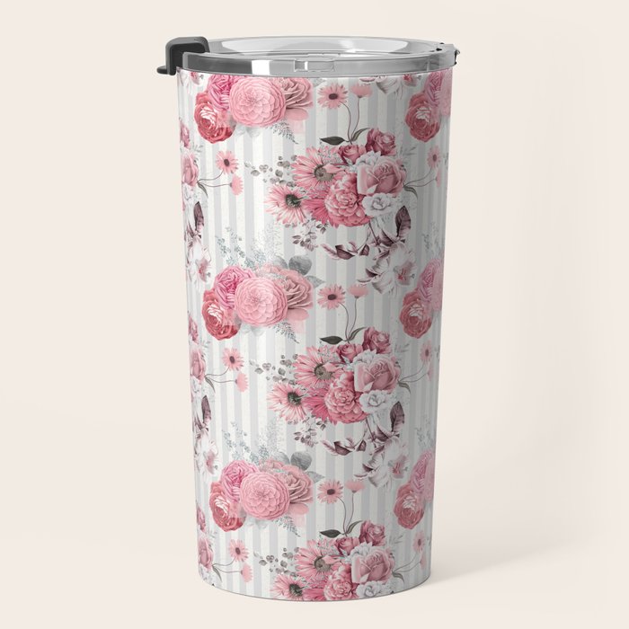 Vintage Striped Pink Floral Pattern Travel Mug Gallery Image 3