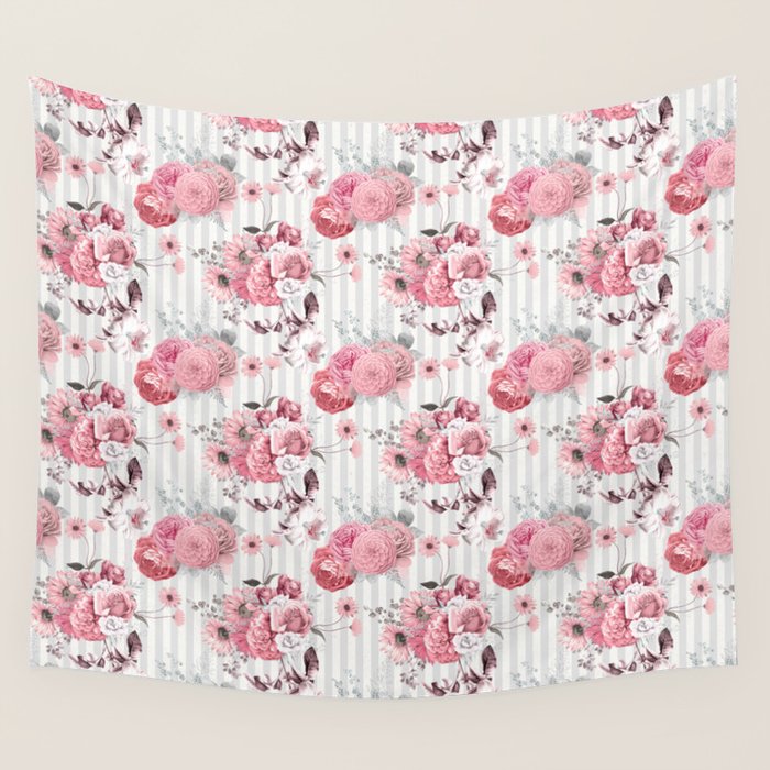 Vintage Striped Pink Floral Pattern Wall Tapestry Gallery Image 4