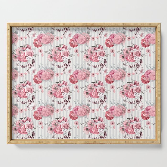 Vintage Striped Pink Floral Pattern Serving Tray Gallery Image 1