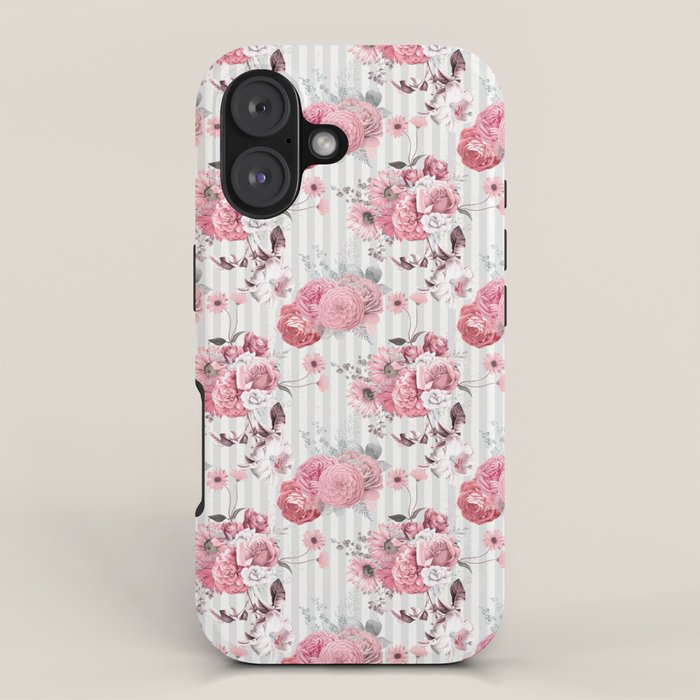 Vintage Striped Pink Floral Pattern iPhone Case Gallery Image 1