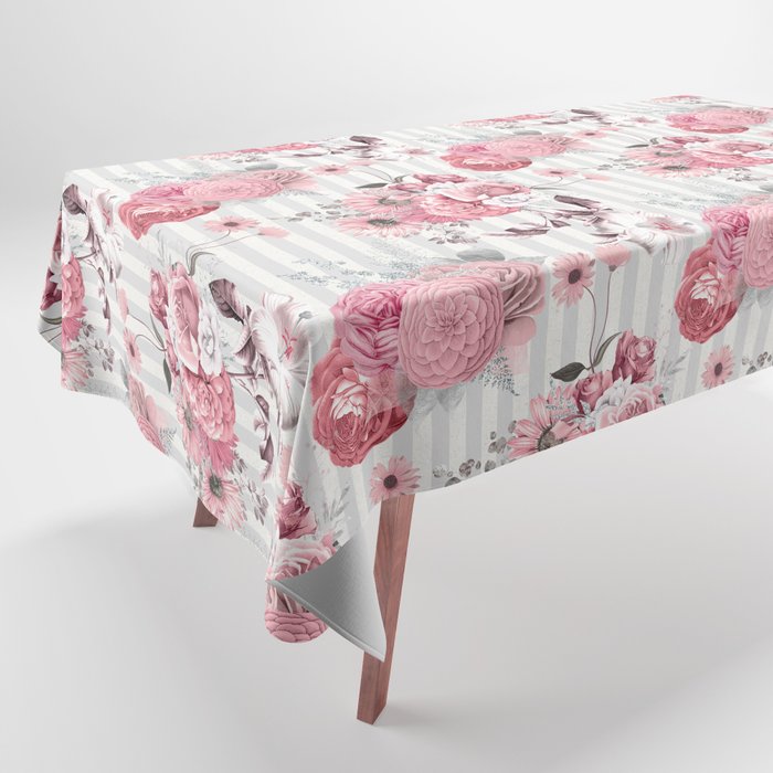 Vintage Striped Pink Floral Pattern Tablecloth Gallery Image 1