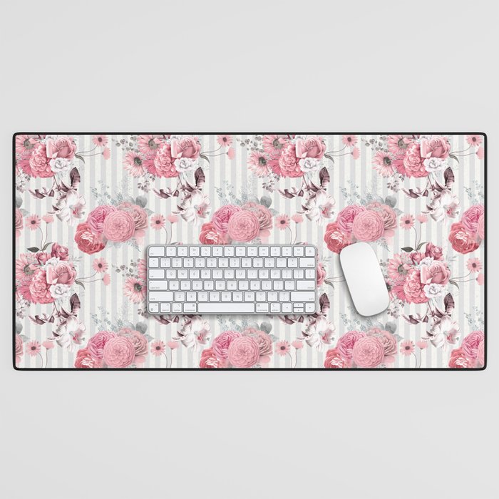 Vintage Striped Pink Floral Pattern Desk Mat Gallery Image 1