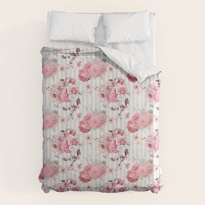 Vintage Striped Pink Floral Pattern Duvet Cover Gallery Image 6