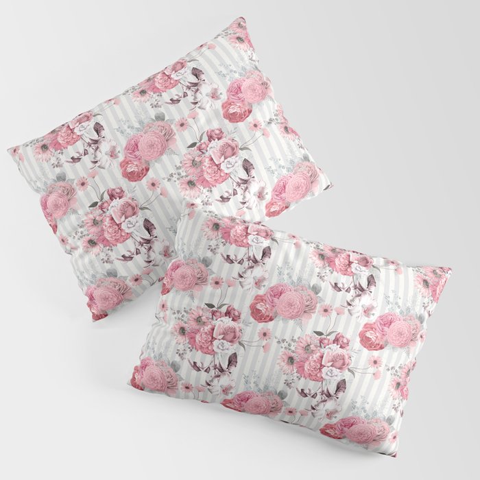 Vintage Striped Pink Floral Pattern Pillow Sham Gallery Image 1