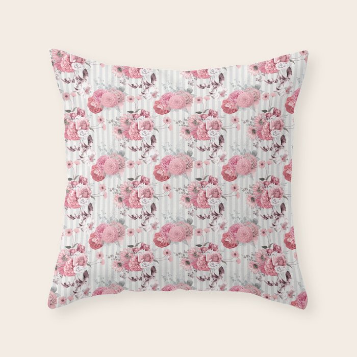 Vintage Striped Pink Floral Pattern Throw Pillow Gallery Image 6