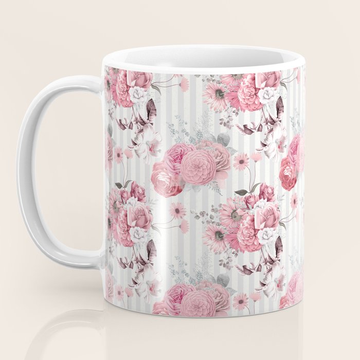 Vintage Striped Pink Floral Pattern Coffee Mug Gallery Image 3