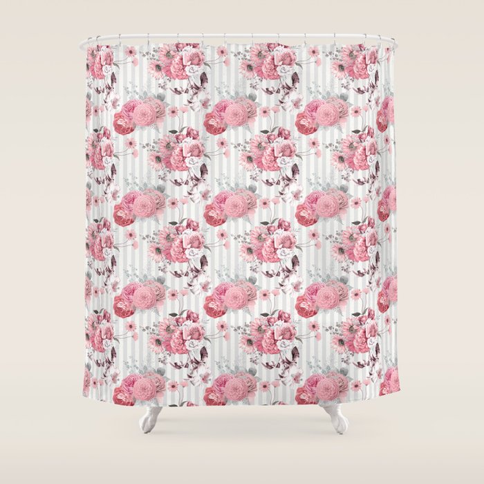 Vintage Striped Pink Floral Pattern Shower Curtain Gallery Image 1