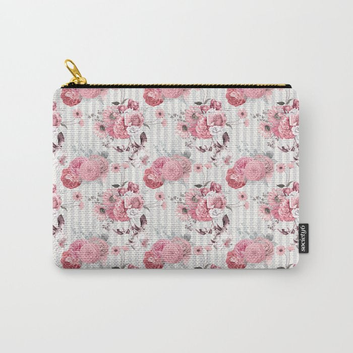 Vintage Striped Pink Floral Pattern Carry All Pouch Gallery Image 1