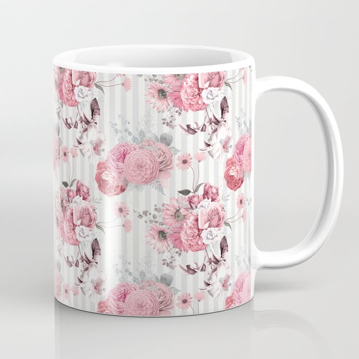 Vintage Striped Pink Floral Pattern Coffee Mug Gallery Image 1
