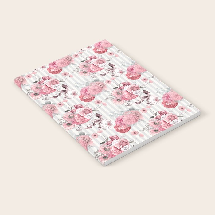 Vintage Striped Pink Floral Pattern Notebook Gallery Image 1