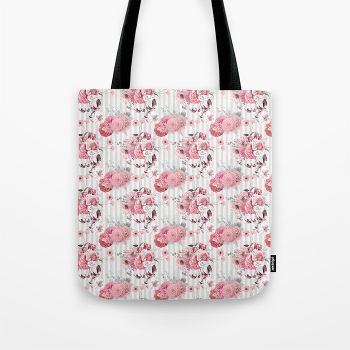Vintage Striped Pink Floral Pattern Tote Bag Gallery Image 1