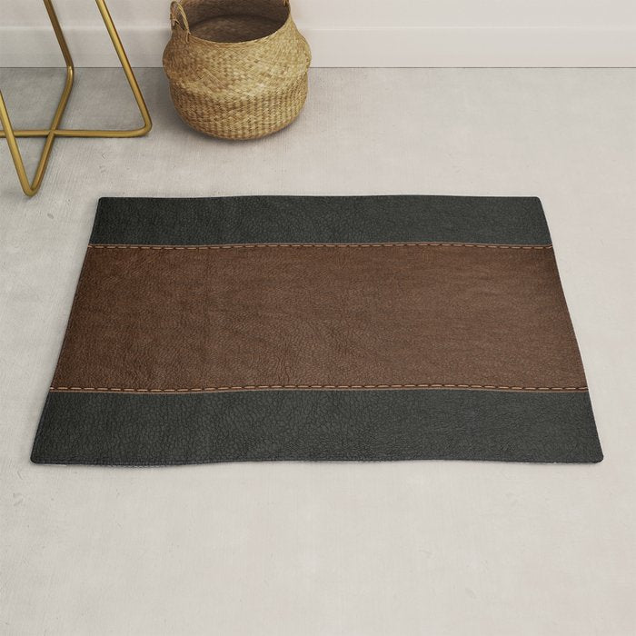 Image of a Brown & Black Stitched Leather Image Rug Gallery Image 1