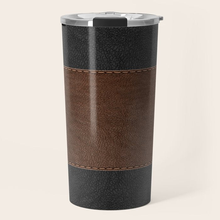 Image of a Brown & Black Stitched Leather Image Travel Mug Gallery Image 1