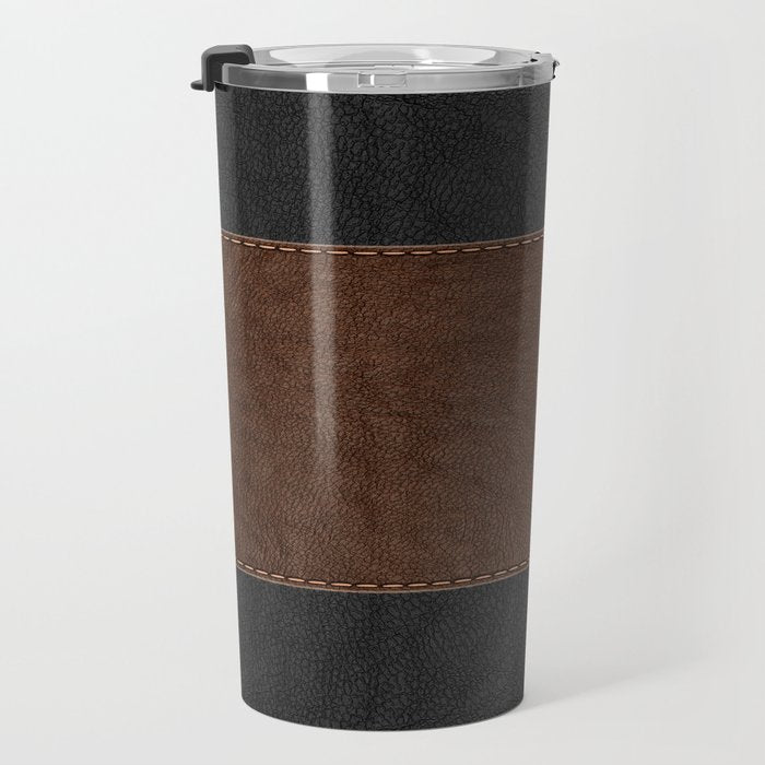Image of a Brown & Black Stitched Leather Image Travel Mug Gallery Image 3