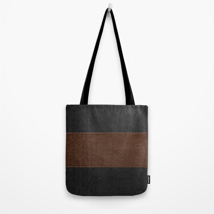 Image of a Brown & Black Stitched Leather Image Tote Bag Gallery Image 2