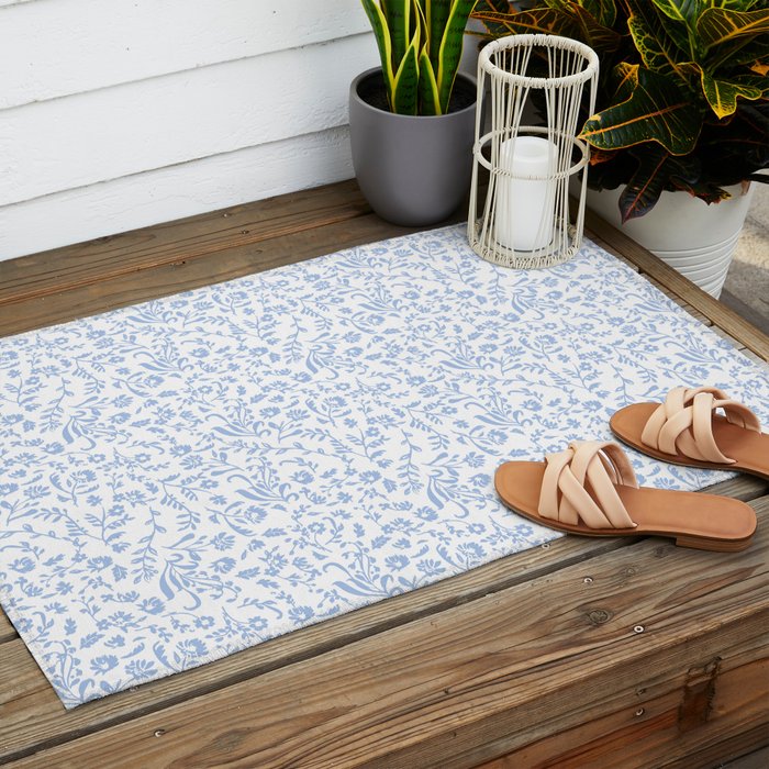 Ditsy Toile Floral Blue and White Outdoor Rug Gallery Image 2