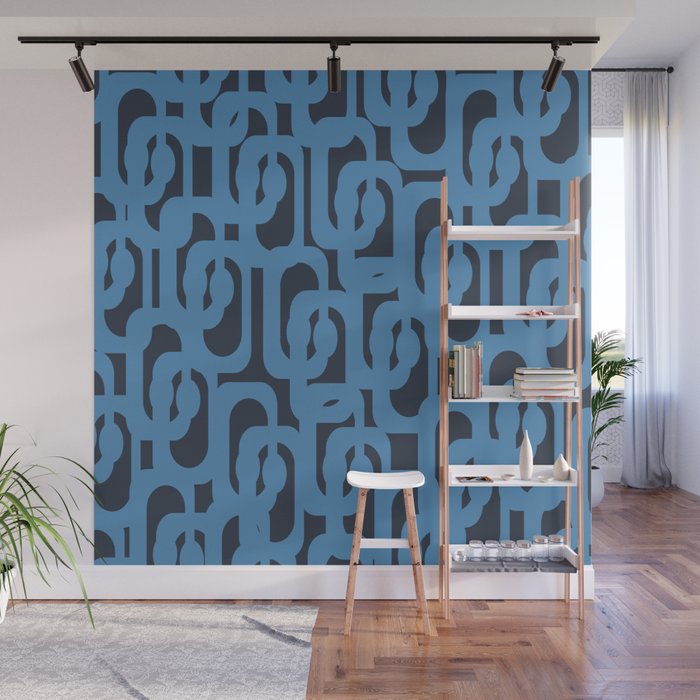 Mid Century Modern Loop Blue on Blue Abstract Pattern Wall Mural Gallery Image 1