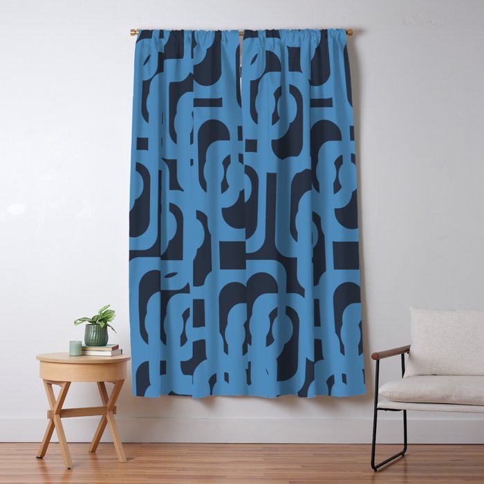 Mid Century Modern Loop Blue on Blue Abstract Pattern Window Curtain Gallery Image 5