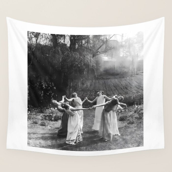 Circle Of Witches vintage Women Dancing -Circle Of Witches Vintage Women Dancing Black And White Wall Tapestry Gallery Image 4
