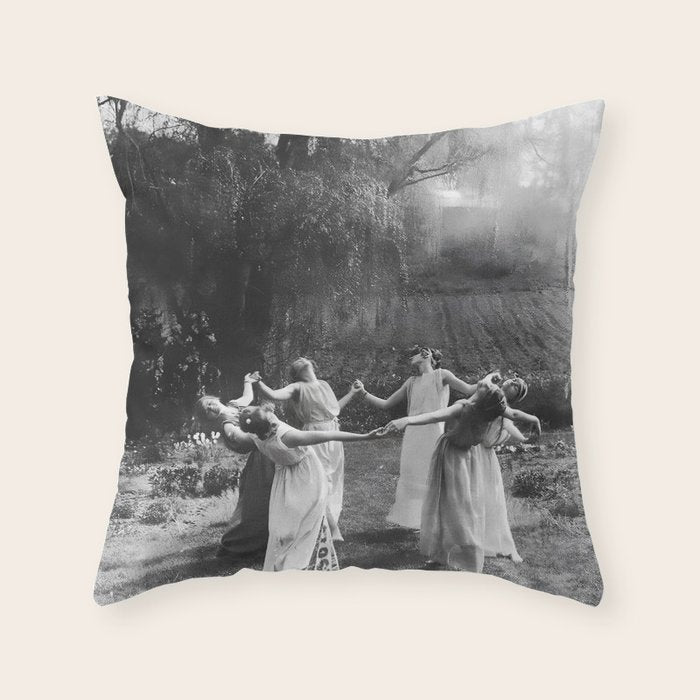 Circle Of Witches vintage Women Dancing -Circle Of Witches Vintage Women Dancing Black And White Throw Pillow Gallery Image 6