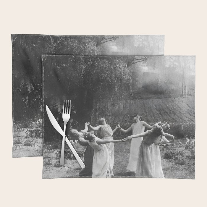 Circle Of Witches vintage Women Dancing -Circle Of Witches Vintage Women Dancing Black And White Placemat Gallery Image 1