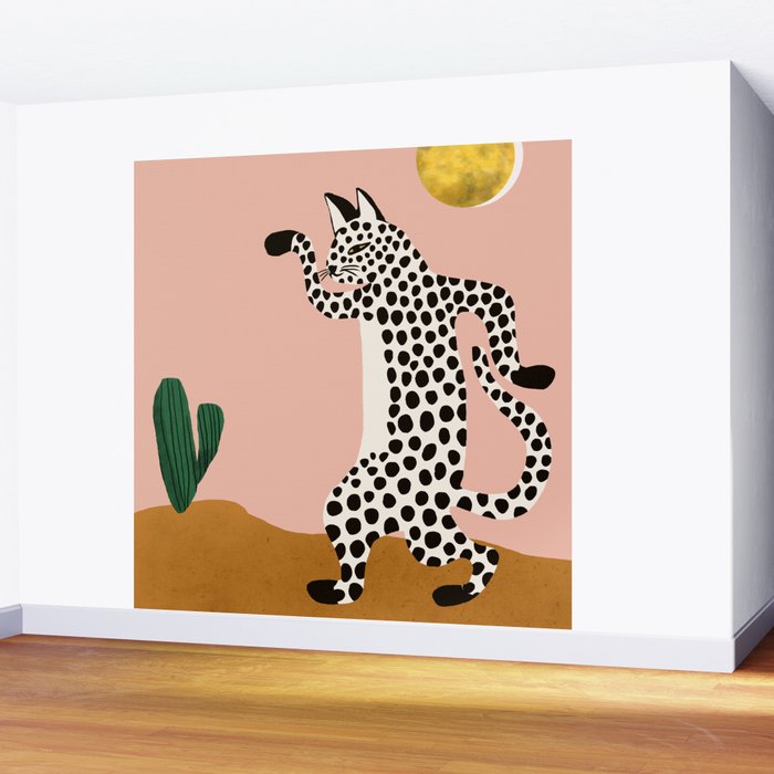 Jazzy Wild Cat, Dancing Leopard Animals Pets, Wildlife Bengal Cats Exotic, Cheetah Jungle Pastel Whimsical, Quirky Bohemian Modern Eclectic Wall Mural Gallery Image 2