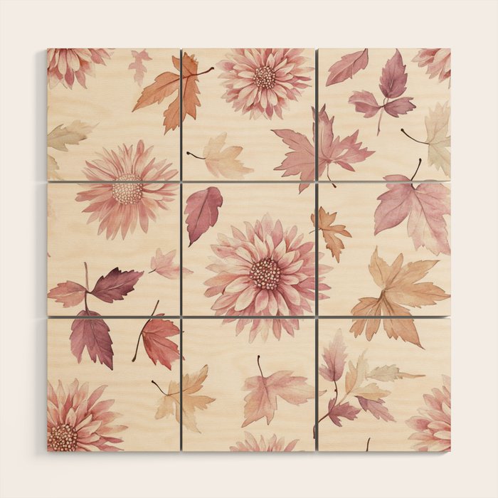 Blush Autumun Fall Flower and Leaves Watercolor All Over Wood Wall Art Gallery Image 1