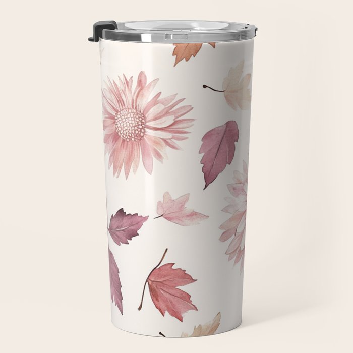 Blush Autumun Fall Flower and Leaves Watercolor All Over Travel Mug Gallery Image 3