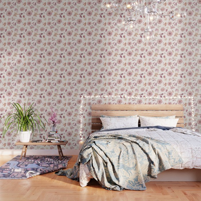 Blush Autumun Fall Flower and Leaves Watercolor All Over Wallpaper Gallery Image 1