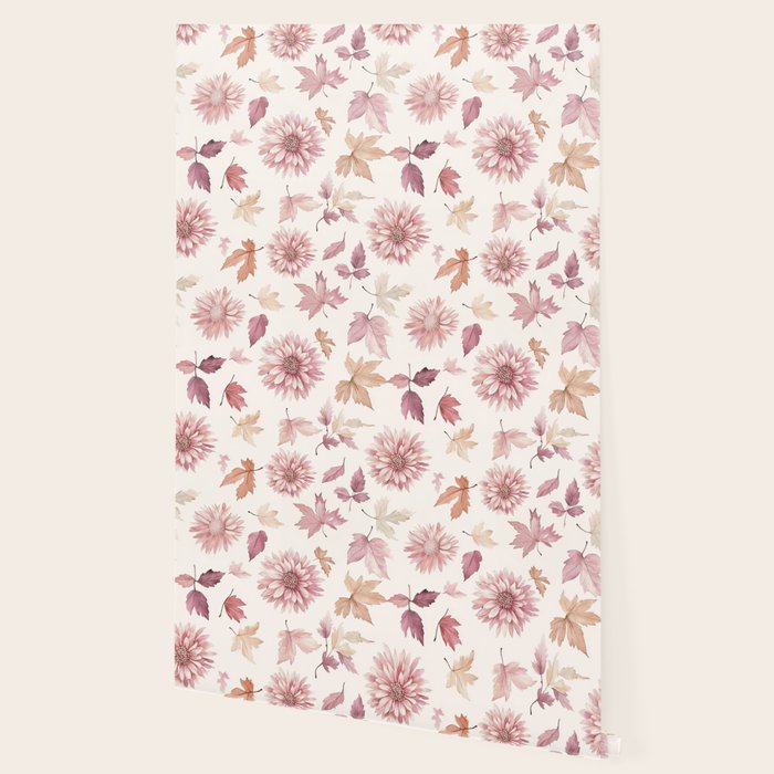 Blush Autumun Fall Flower and Leaves Watercolor All Over Wallpaper Gallery Image 2