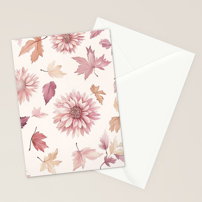 Blush Autumun Fall Flower and Leaves Watercolor All Over Stationery Card Gallery Image 2