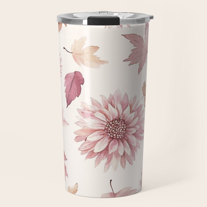 Blush Autumun Fall Flower and Leaves Watercolor All Over Travel Mug Gallery Image 1