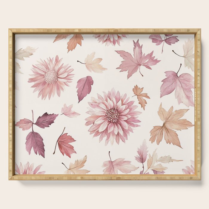Blush Autumun Fall Flower and Leaves Watercolor All Over Serving Tray Gallery Image 1