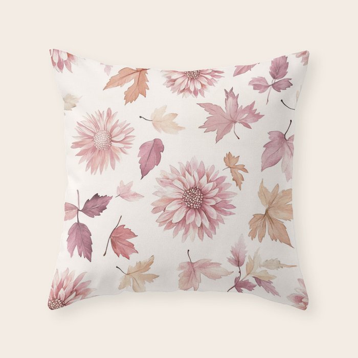 Blush Autumun Fall Flower and Leaves Watercolor All Over Throw Pillow Gallery Image 6