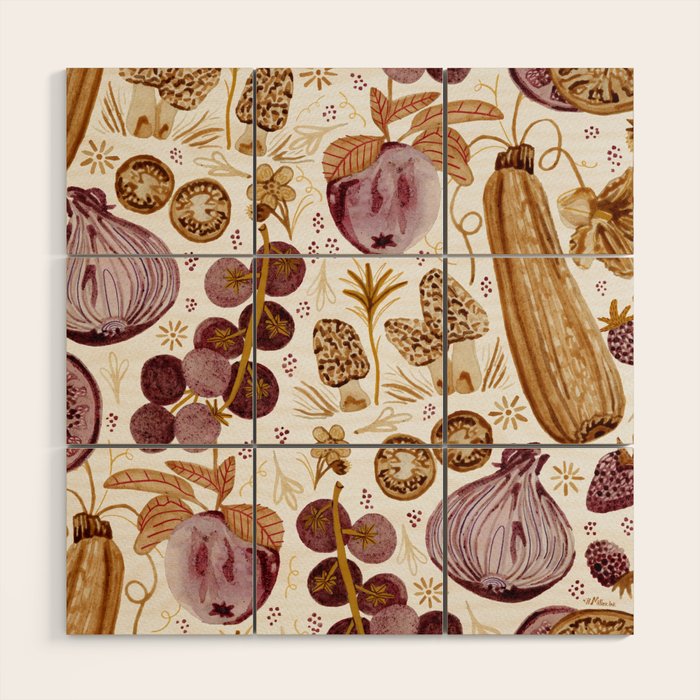 Garden Vegetables & Fresh Fruit in Ochre & Burgundy Wood Wall Art Gallery Image 1