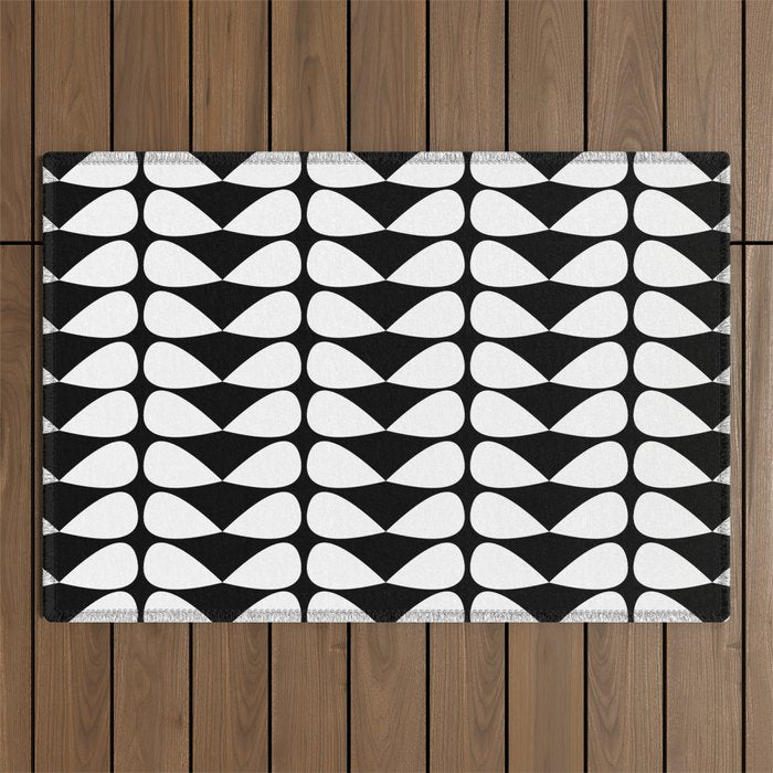 Mod Leaves Mid Century Modern Abstract Pattern in White and Black Outdoor Rug Gallery Image 1
