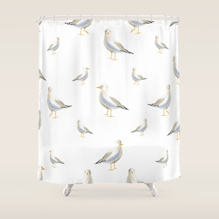 Seagull Watercolor White Background Shower Curtain Gallery Image 1