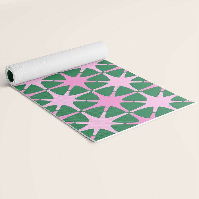 Festive Mid-Century Stars in Green & Pink Yoga Mat Gallery Image 2