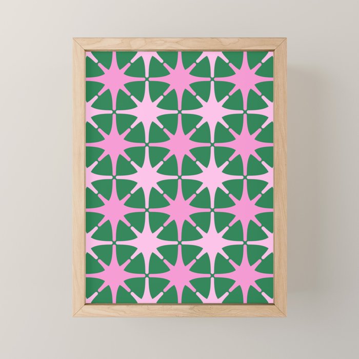 Festive Mid-Century Stars in Green & Pink Mini Art Print Gallery Image 1