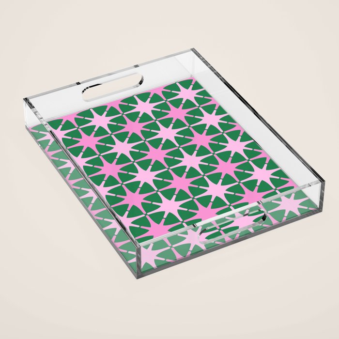 Festive Mid-Century Stars in Green & Pink Acrylic Tray Gallery Image 1