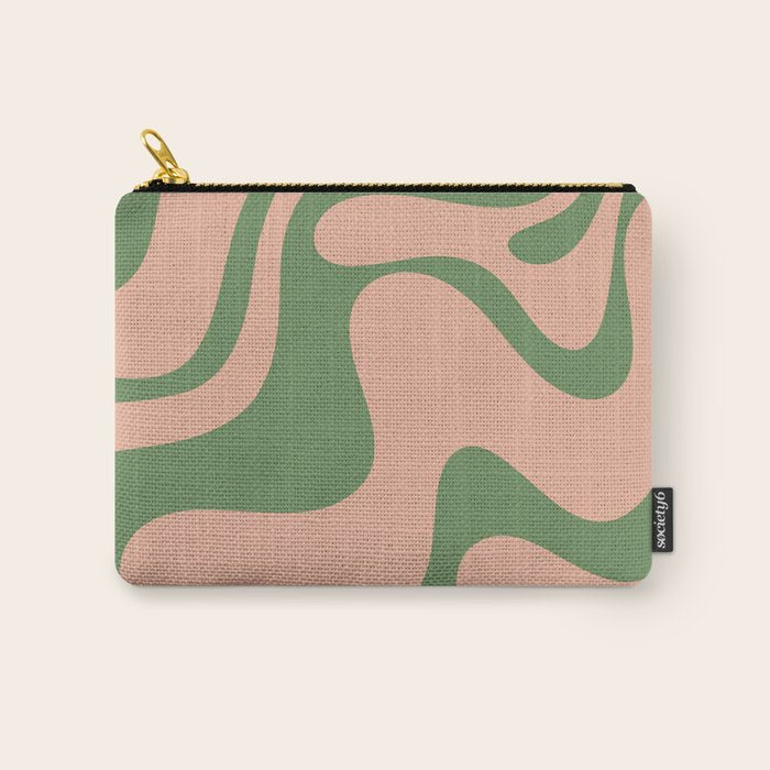 Retro Liquid Swirl Contemporary Abstract Pattern 2 in Vintage Green and Blush Pink Carry All Pouch Gallery Image 1