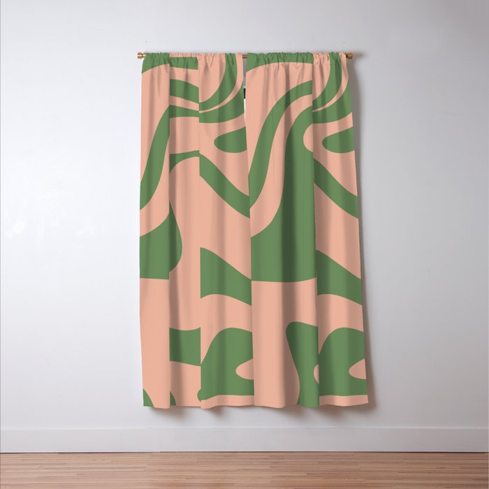 Retro Liquid Swirl Contemporary Abstract Pattern 2 in Vintage Green and Blush Pink Window Curtain Gallery Image 3
