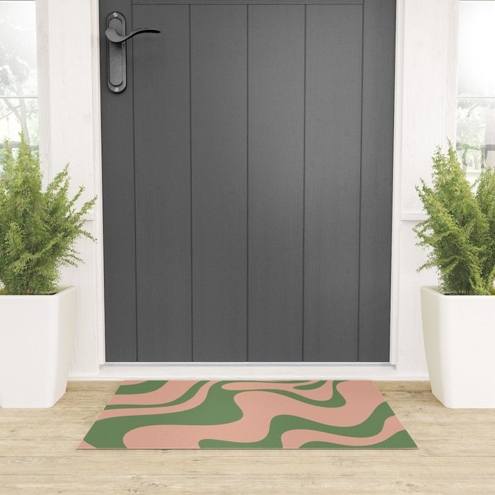 Retro Liquid Swirl Contemporary Abstract Pattern 2 in Vintage Green and Blush Pink Welcome Mat Gallery Image 3