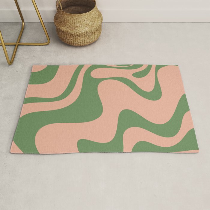 Retro Liquid Swirl Contemporary Abstract Pattern 2 in Vintage Green and Blush Pink Rug Gallery Image 1